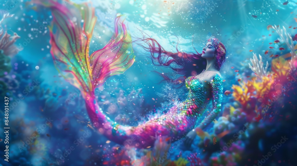 Beautiful mermaid swimming underwater in deep sea. Beautiful mermaid swimming underwater in deep sea.