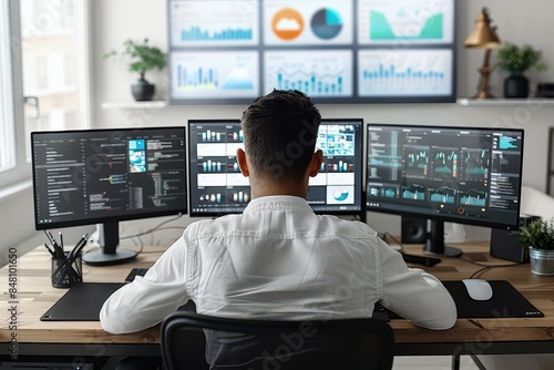 Back view of a man analyzing data on multiple computer monitors in a modern office. High-tech workspace with detailed graphs and charts on screens.