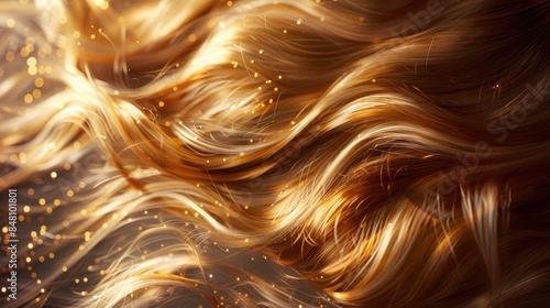 Golden wavy hair with shimmering lights creating a magical and enchanting effect. Close-up view capturing the texture and vibrant color of the hair strands.