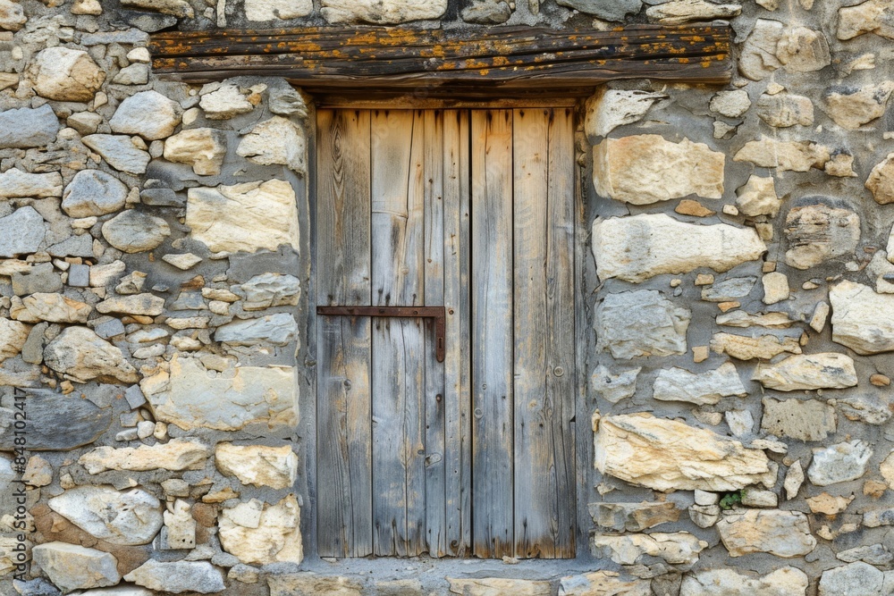 Rustic Wooden Door on Stone Wall Rustic Wooden Door on Stone Wall