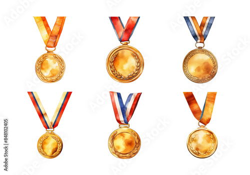 Cute watercolor painting style illustration of Gold Medal, isolated on white background photo