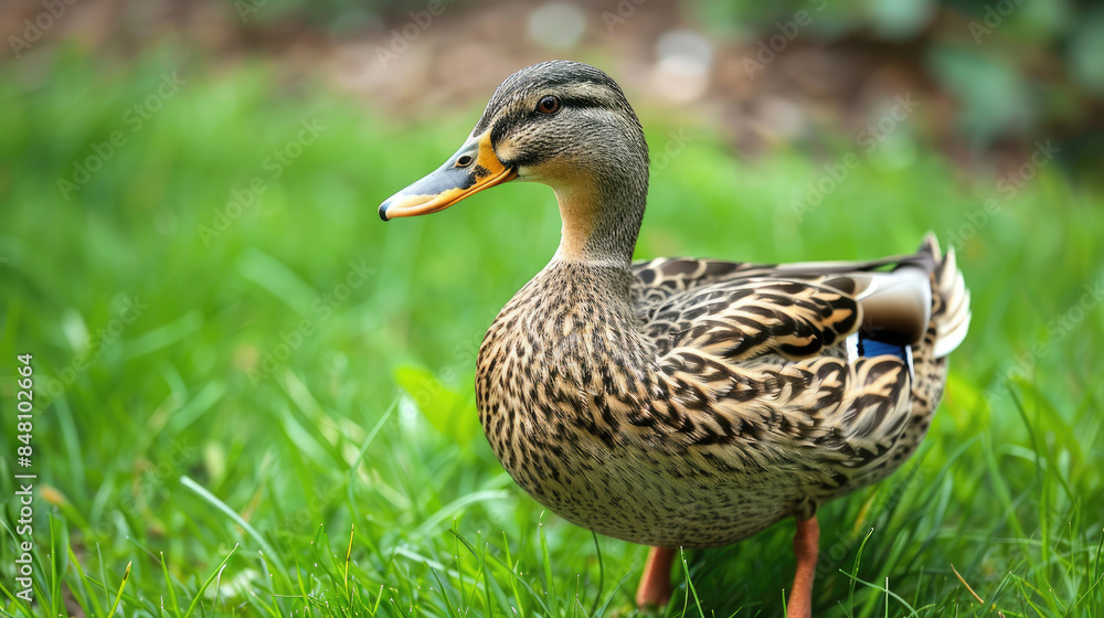 Close-up of yellow little duck on the green grass Close-up of yellow little duck on the green grass