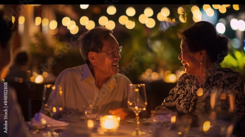 Asian old couple enjoying a romantic candlelit dinner at a fancy restaurant