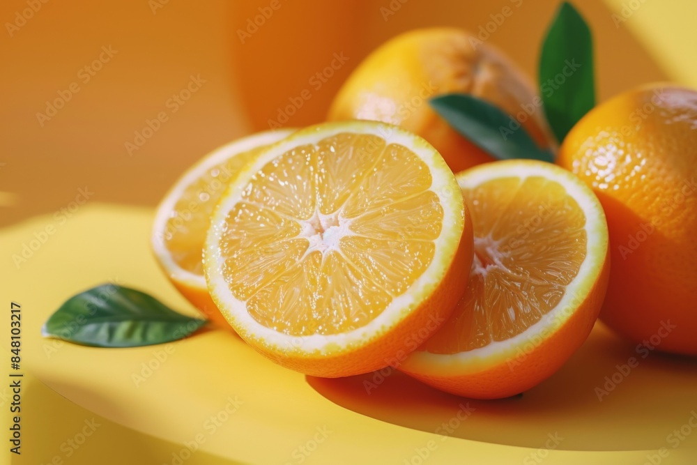 Fototapeta premium Oranges and Slices with Leaves on Yellow Background
