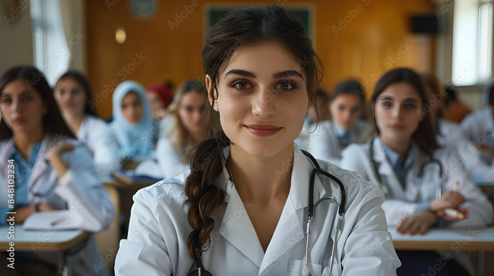 a photo of a beautiful woman doctor in a class room during an exam a photo of a beautiful woman doctor in a class room during an exam