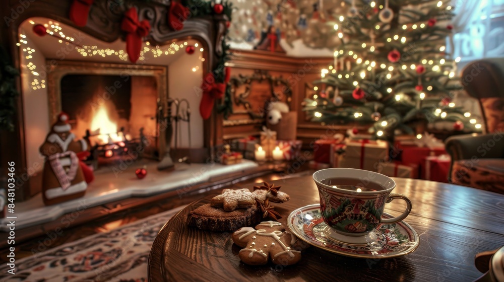 Cozy christmas room with fireplace, hot tea, and gingerbread for a festive holiday ambiance Cozy christmas room with fireplace, hot tea, and gingerbread for a festive holiday ambiance