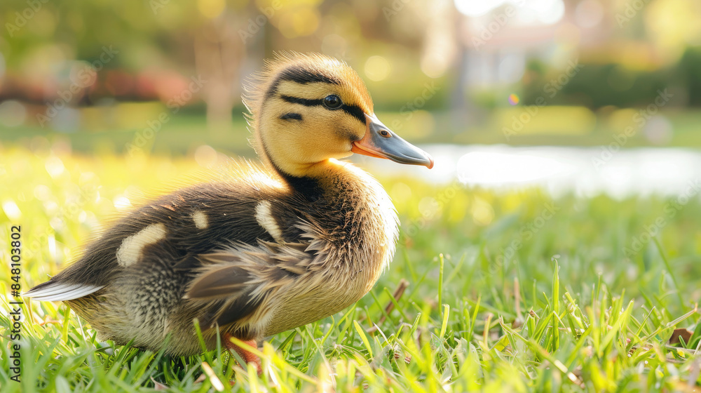 Close-up of yellow little duck on the green grass Close-up of yellow little duck on the green grass