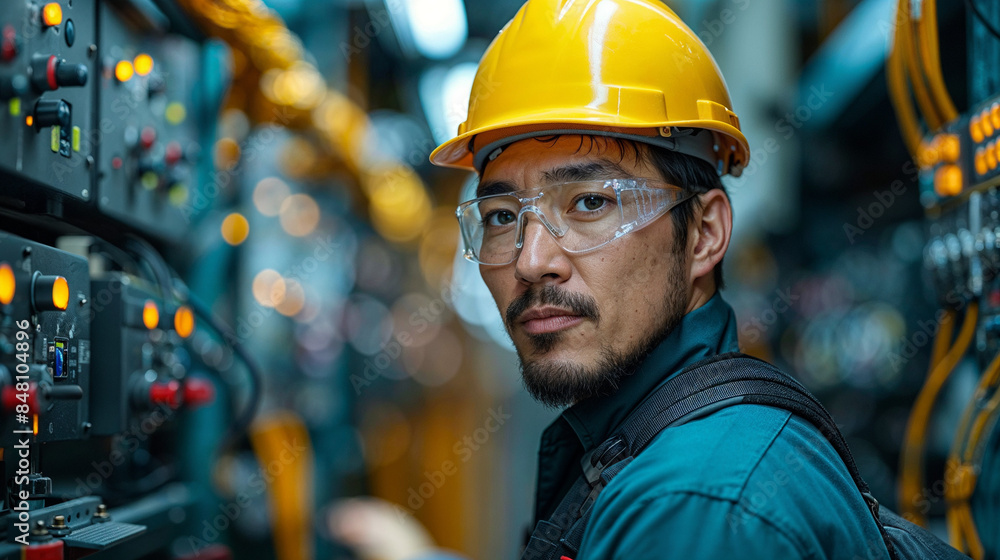 Professional electrician, maintenance worker, blur electrical installation background