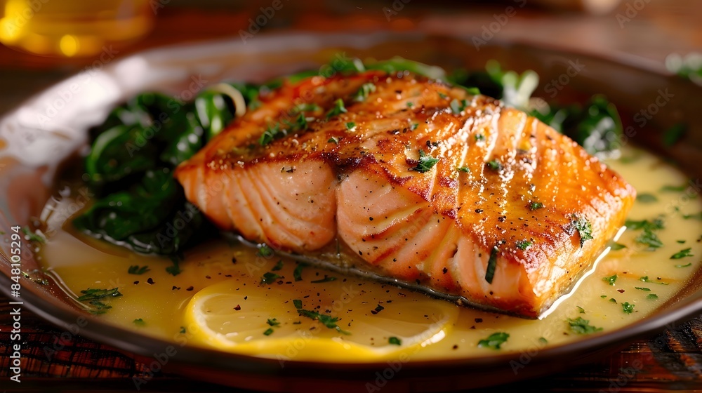 Perfectly Pan-Seared Salmon with Crispy Skin and Lemon Butter Sauce,Served on a Wooden Table with
