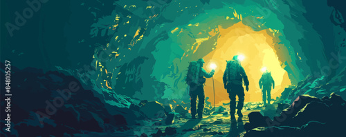 Silhouettes of miners in a helmet with lanterns in a dark cave exploration and geological work, coal mining, warm light. vector simple illustration