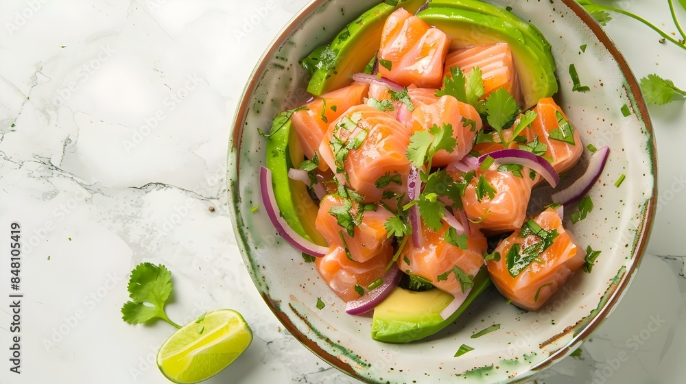 Overhead View of Delicious Salmon Ceviche Dish with Citrus Marinade and Fresh Garnishes Overhead View of Delicious Salmon Ceviche Dish with Citrus Marinade and Fresh Garnishes