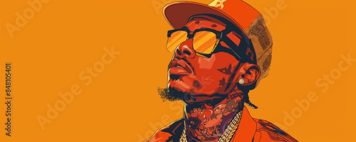 Rapper with tattoos and gold chains. Portrait of a charismatic artist making a strong impression on stage. Vector flat minimalistic isolated illustration