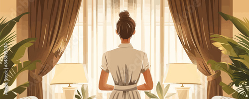 Rear view of chambermaid opening curtains in hotel room. Vector flat minimalistic isolated illustration