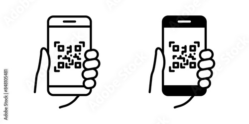 QR code icon. Mobile phone scanning qr-code vector illustration. Hand holding a phone with scanner symbol isolated.