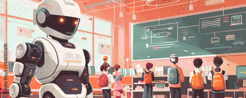 Robotic school with virtual lessons, robotic teachers, and interactive learning. Vector flat minimalistic isolated illustration.