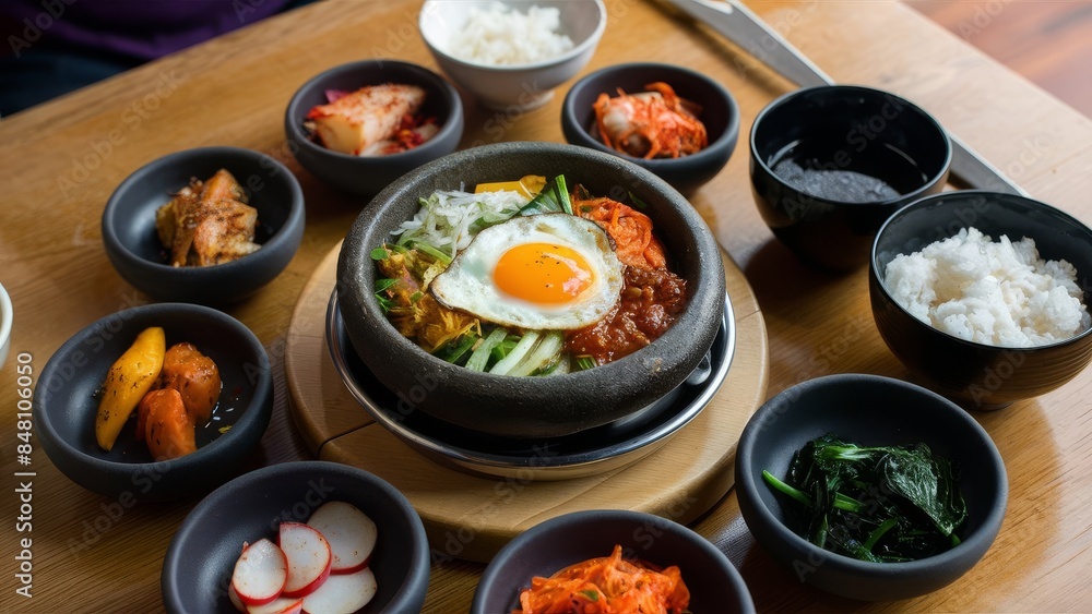 A traditional Korean meal set on a wooden table, featuring a variety of colorful and flavorful dishes. A traditional Korean meal set on a wooden table, featuring a variety of colorful and flavorful dishes.