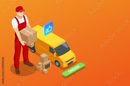 Isometric Logistics and Delivery , free shipping home. City logistics. Truck, courier, drone and delivery man. Smartphone online shopping application