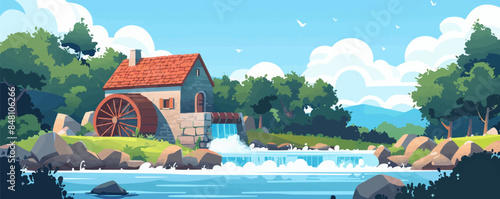 Serene countryside mill nestled beside a babbling brook, with a water wheel turning lazily. Vector flat minimalistic isolated illustration.
