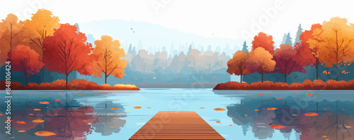 Serene countryside millpond with a wooden dock, surrounded by autumn trees reflected in the water. Vector flat minimalistic isolated illustration.