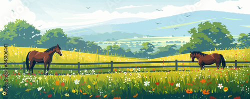 Serene countryside pasture with grazing horses, wildflowers, and a rustic wooden fence. Vector flat minimalistic isolated