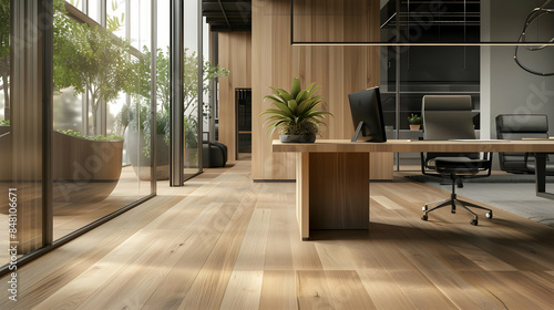 A modern office with a wooden floor and a wooden standing desk. There are two potted air plants on the desk. photo