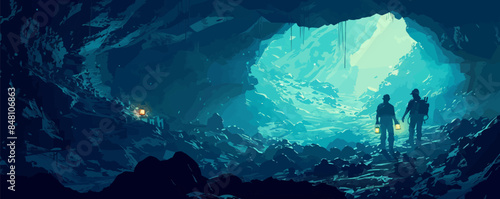 Silhouettes of miners in a helmet with lanterns in a dark cave exploration and geological work, coal mining, blue light. vector simple illustration