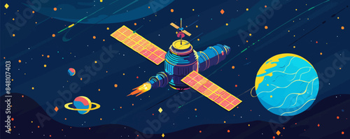 Space station orbiting a planet, with domes, solar panels, and spacecraft. Vector flat minimalistic isolated illustration.