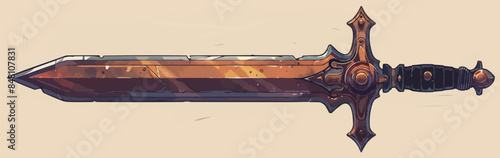Steampunk fantasy sword with copper framing, handle, and mechanical engraving. Vector flat minimalistic isolated
