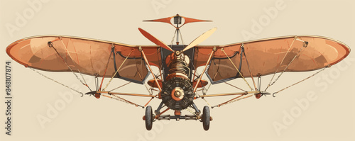 Steampunk flying contraption with wings, propellers, and copper elements. Vector flat minimalistic isolated illustration.