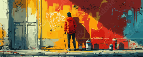 Street artist with aerosol paint. Illustration of a young man creating colorful graffiti on the walls of abandoned buildings. Vector flat minimalistic isolated illustration