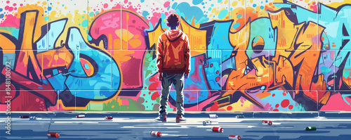 Street artist with aerosol paint. Illustration of a young man creating colorful graffiti on the walls of abandoned buildings. Vector flat minimalistic isolated illustration
