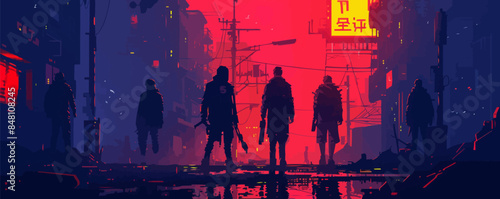 Street cyber gangs and cyber ninjas hiding in the shadows of ominous buildings and technogravitational tunnels. Vector flat minimalistic isolated illustration.