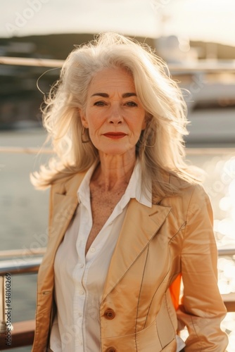 Fashion portrait of a senior female model on yacht in sea.