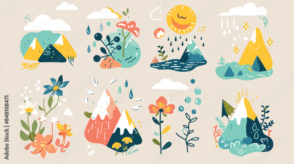 Set of simple nature elements hand drawn style vect