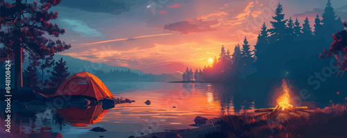 Stylized illustration with camping tent and campfire during sunset golden hour in woods near lake. vector simple illustration