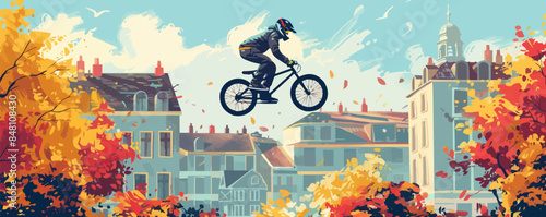 Street freestyler on a bike. Illustration of a guy performing BMX tricks in a yard or on the street. Vector flat minimalistic isolated illustration