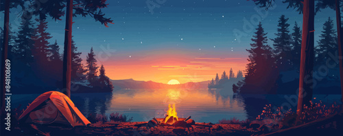 Stylized illustration with camping tent and campfire during sunset golden hour in woods near lake. vector simple illustration