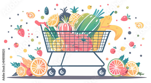 Supermarket shopping cart full of fresh groceries. Trolley with organic tasty food, fruit and vegetables. Vector flat minimalistic isolated illustration