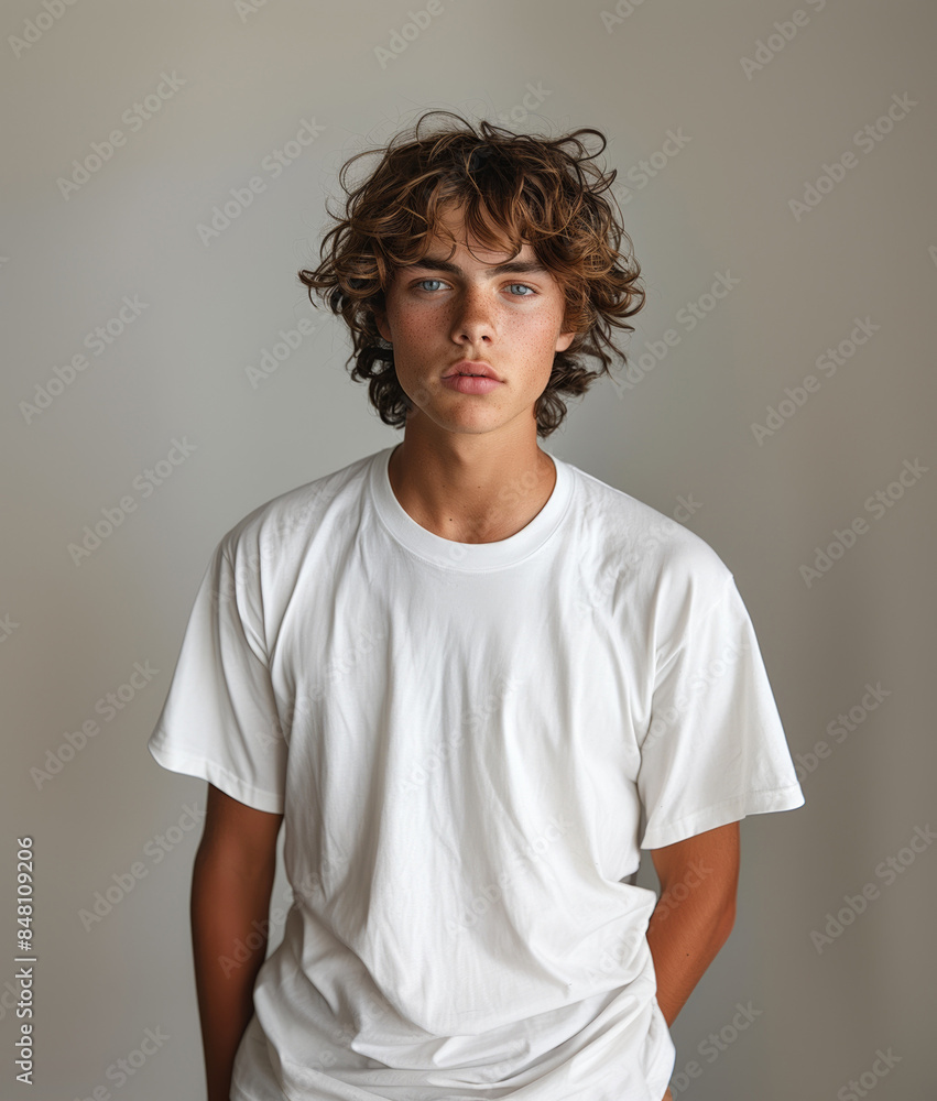 An advertisement featuring a young Caucasian man in a calm, confident expression wearing a t-shirt. An advertisement featuring a young Caucasian man in a calm, confident expression wearing a t-shirt.