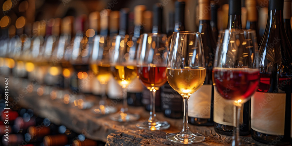 In the cellar of a restaurant, many wine glasses await for a tasting event, setting a luxurious atmosphere. In the cellar of a restaurant, many wine glasses await for a tasting event, setting a luxurious atmosphere.