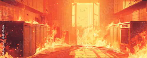 The destruction wrought by an errant flame rises quickly out of control, consuming a kitchen in a roar of flames and scorching heat. vector simple illustration