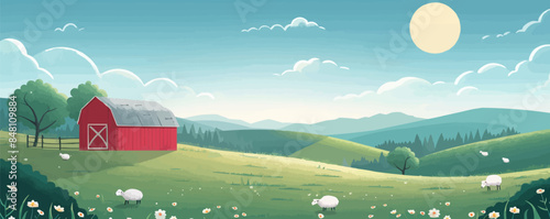 Tranquil countryside barnyard with grazing sheep, a rustic red barn, and rolling green hills. Vector flat minimalistic isolated illustration.