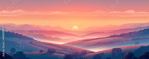 Tranquil countryside sunrise over a mist-covered valley, with rolling hills and distant farmsteads. Vector flat minimalistic isolated illustration.