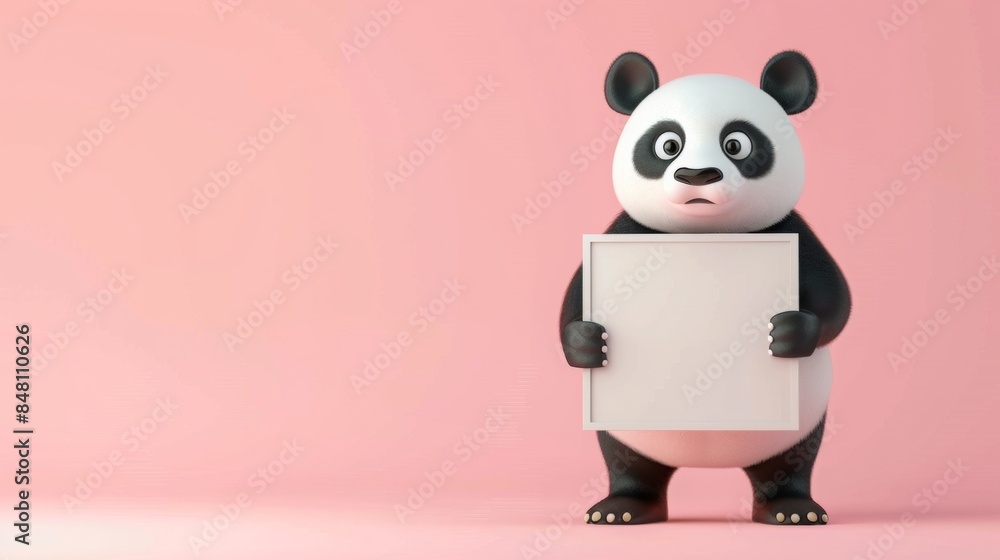 Naklejka premium A cartoon panda holding a placard over plain background.