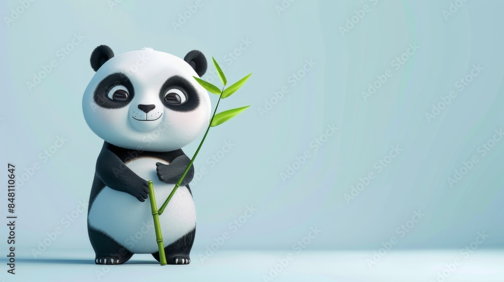 Fototapeta premium A cute panda with bamboo leaves over light blue background