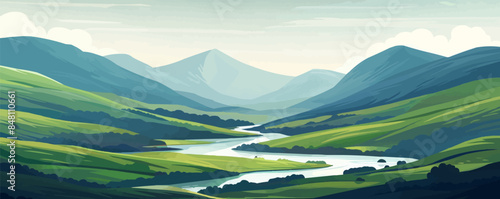 Tranquil countryside vista overlooking rolling hills, a meandering river, and distant mountains. Vector flat minimalistic isolated illustration.
