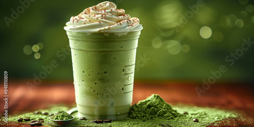 Matcha Frappuccino: creamy and indulgent frozen blend with ice, milk, matcha powder and sweetener. photo