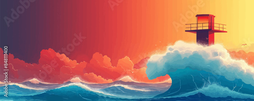 Tsunami alert horns mounted on a sleek modern tower, utilizing solar energy for efficient disaster communication, set against a backdrop of an impending storm wave Vector flat minimalistic isolated