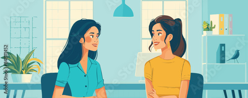 Two businesswomen talking in the office Vector flat minimalistic isolated illustration