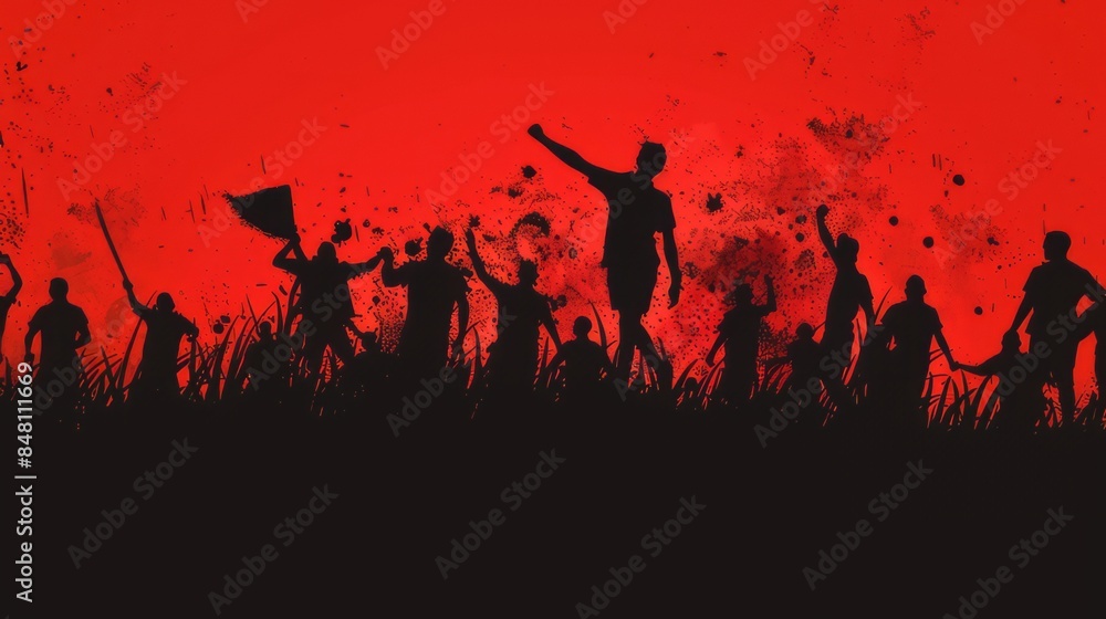 A silhouette of a black supporter group on a red background. A silhouette of a black supporter group on a red background.